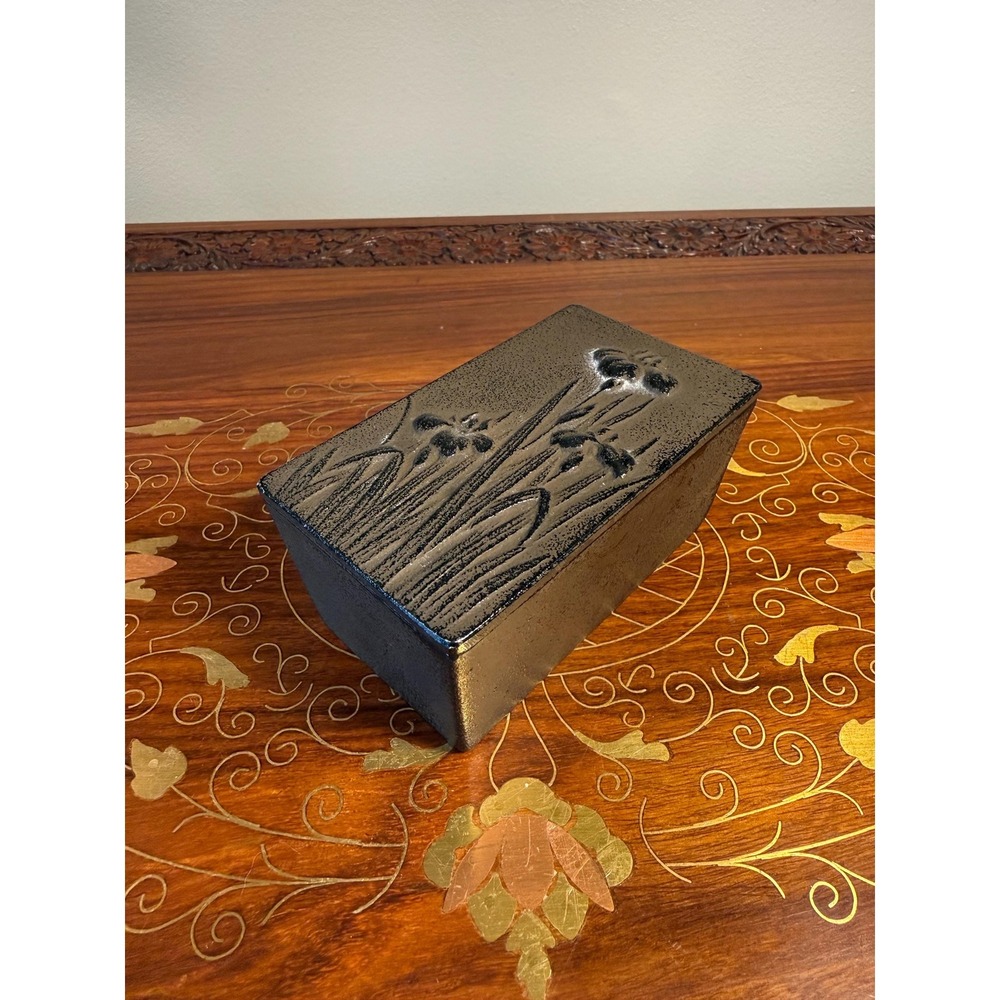 Vintage Cast‎ Iron Jewelry Box with Iris Relief Design